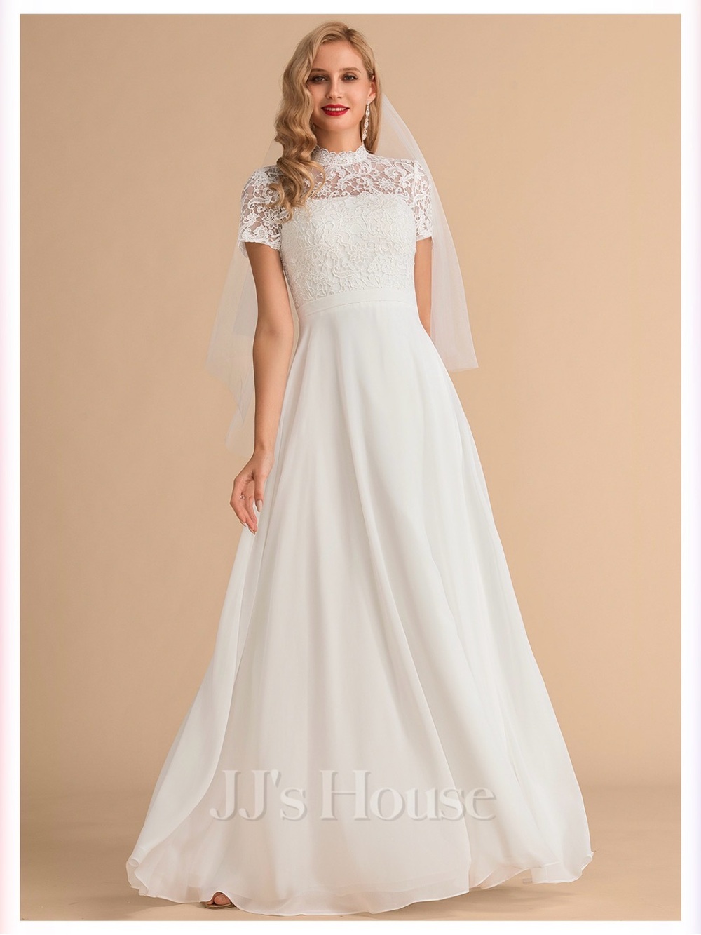 JJs House White Lace High-Neck A-Line Bridal Gown